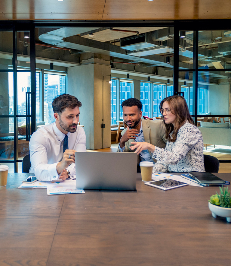 a group of people sitting at a table using a laptop